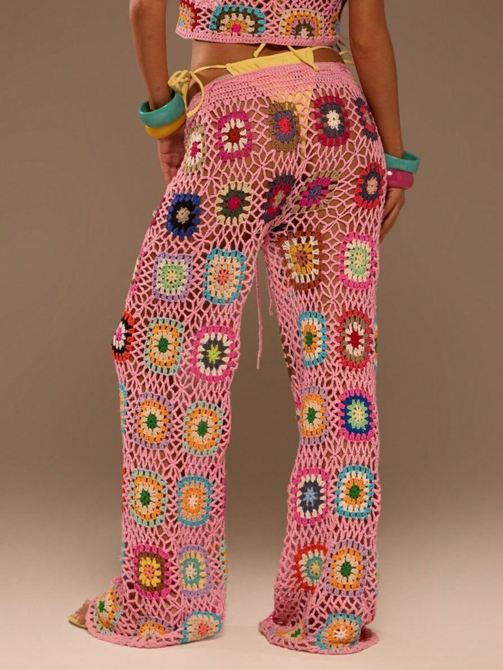 Multicolor Boho Women's Mixed Crochet Knit Wide Leg Cover-Ups - Picture 2 of 5